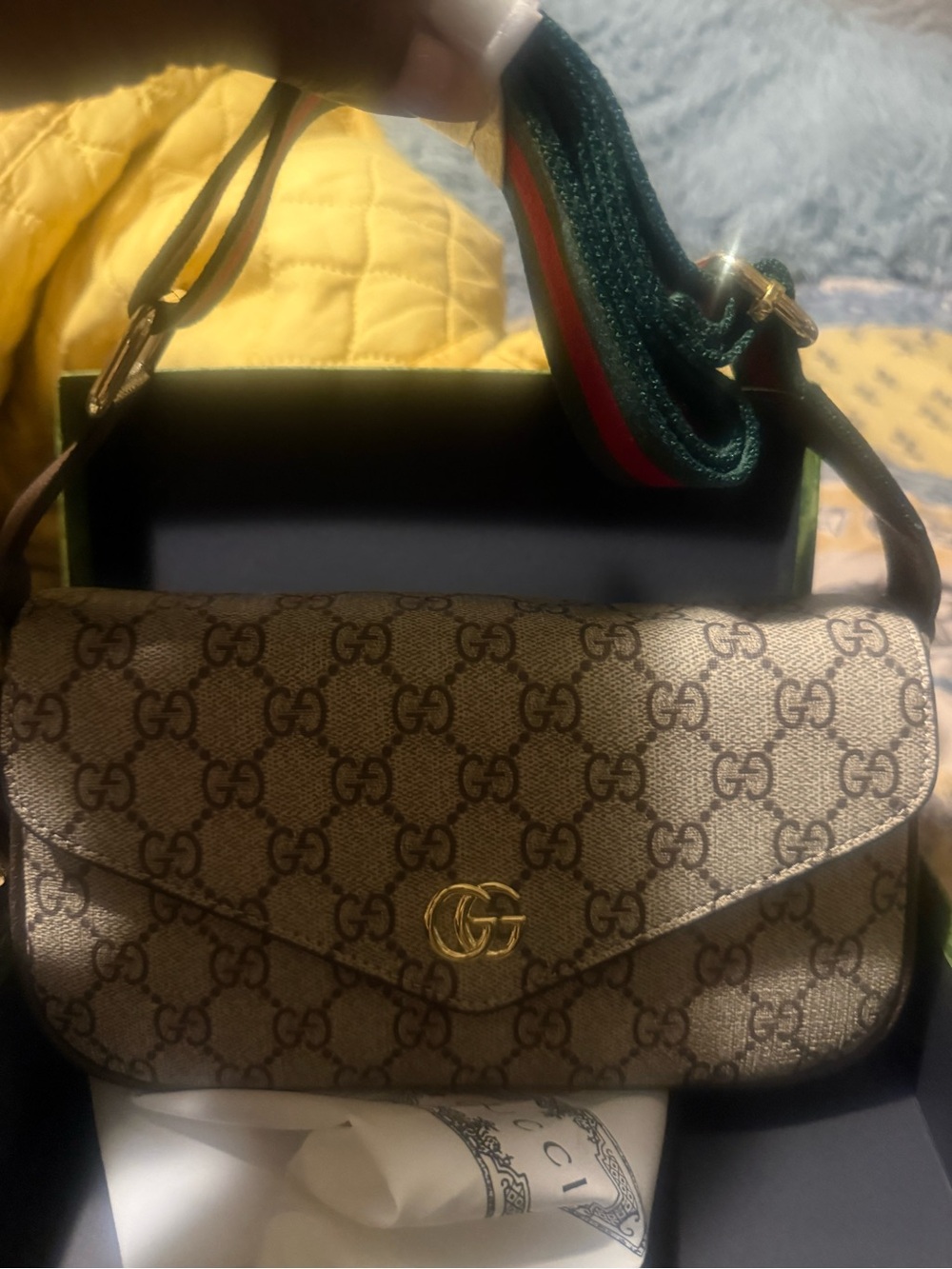 Gucci Beige/Brown GG Supreme Shoulder Bag with Green-Red Web Strap